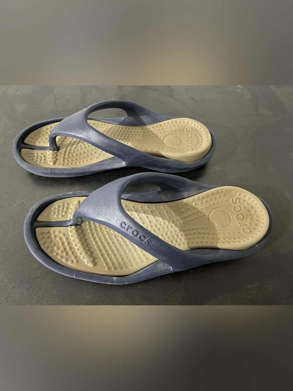 CROCS Unisex Navy Strap Flip Flops with Tan Footbed